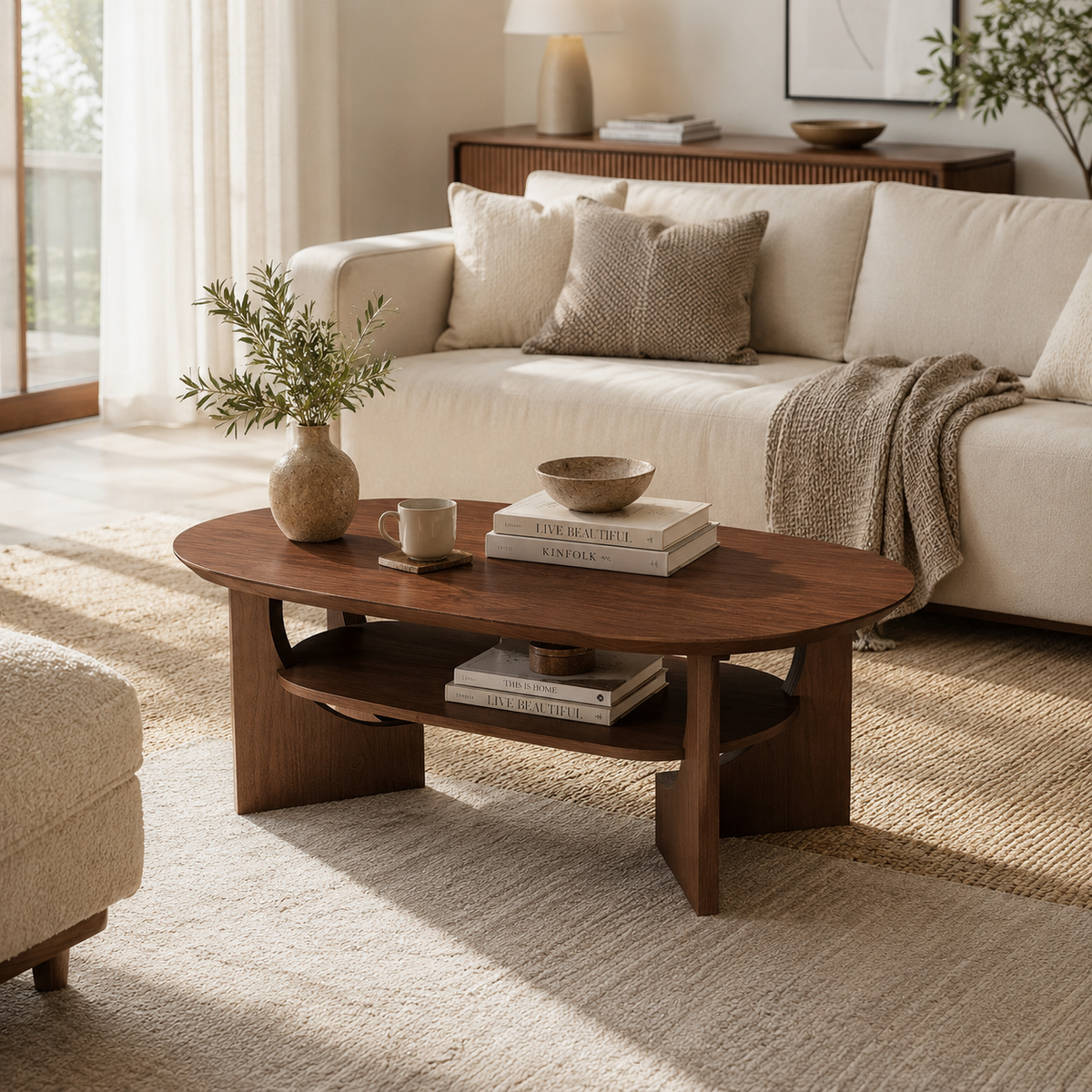 Wetalus 47" Mid Century Coffee Table Oval 2-Tier,Walnut