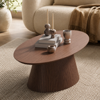 Wetalus 47.2" Mid Century Modern Oval Coffee Table with Faux Stone Veneer, Fluted Base,Walnut