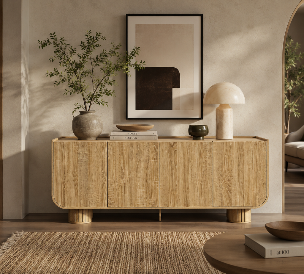 Wetalus Sideboard Buffet Cabinet Mid Century Modern U-Shape Design Adjustable Shelves Wood Grain Finish OAK 4 Doors 63.1 Inch