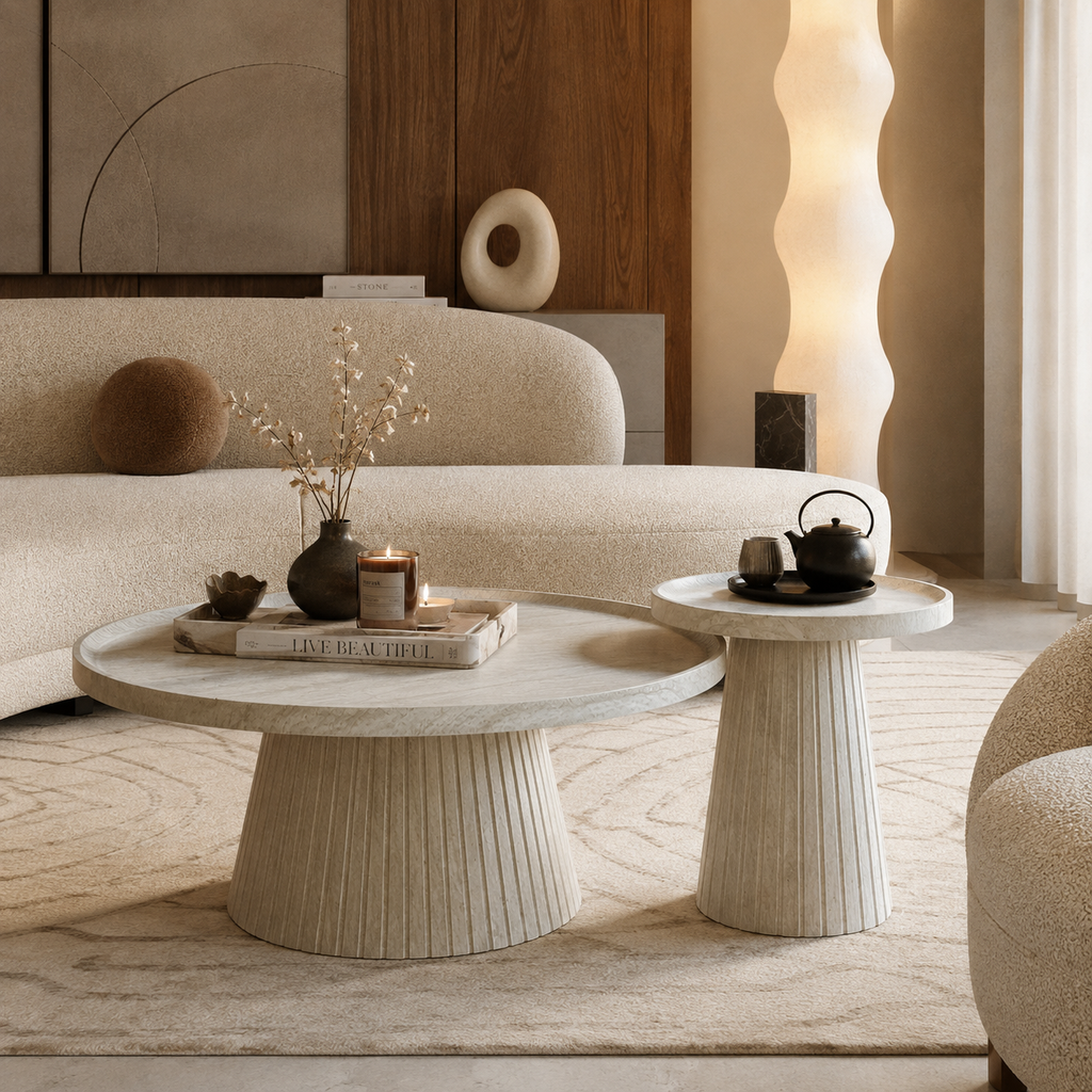 Wetalus Mid Century Modern Nesting Coffee Table Set of 2, Fluted Round,Stone