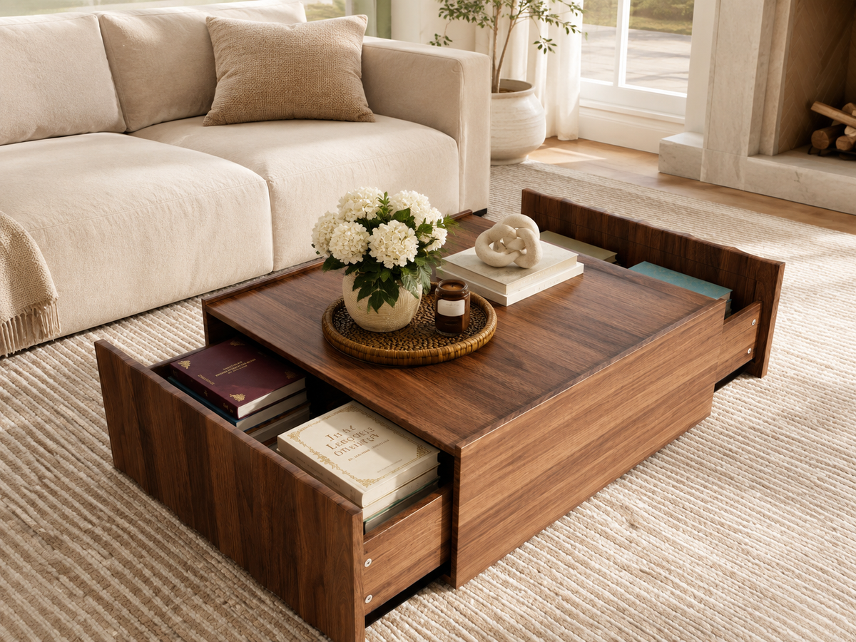 Wetalus Mid Century Modern Square Coffee Table with Storage, Wave Design,Walnut