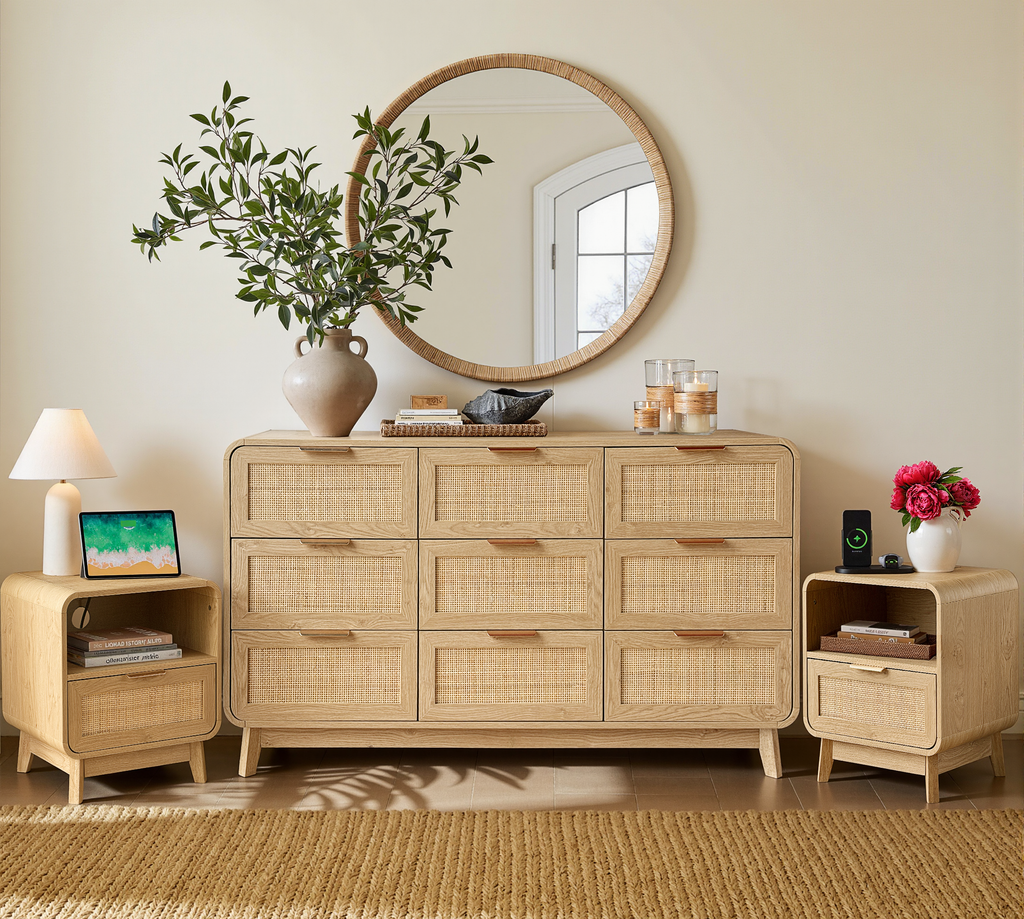 Oak Rattan Bedroom Furniture Set, 3-Piece Boho Set with 9-Drawer Dresser & Nightstands