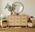 Oak Rattan Bedroom Furniture Set, 3-Piece Boho Set with 9-Drawer Dresser & Nightstands