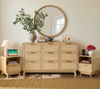 Oak Rattan Bedroom Furniture Set, 3-Piece Boho Set with 9-Drawer Dresser & Nightstands