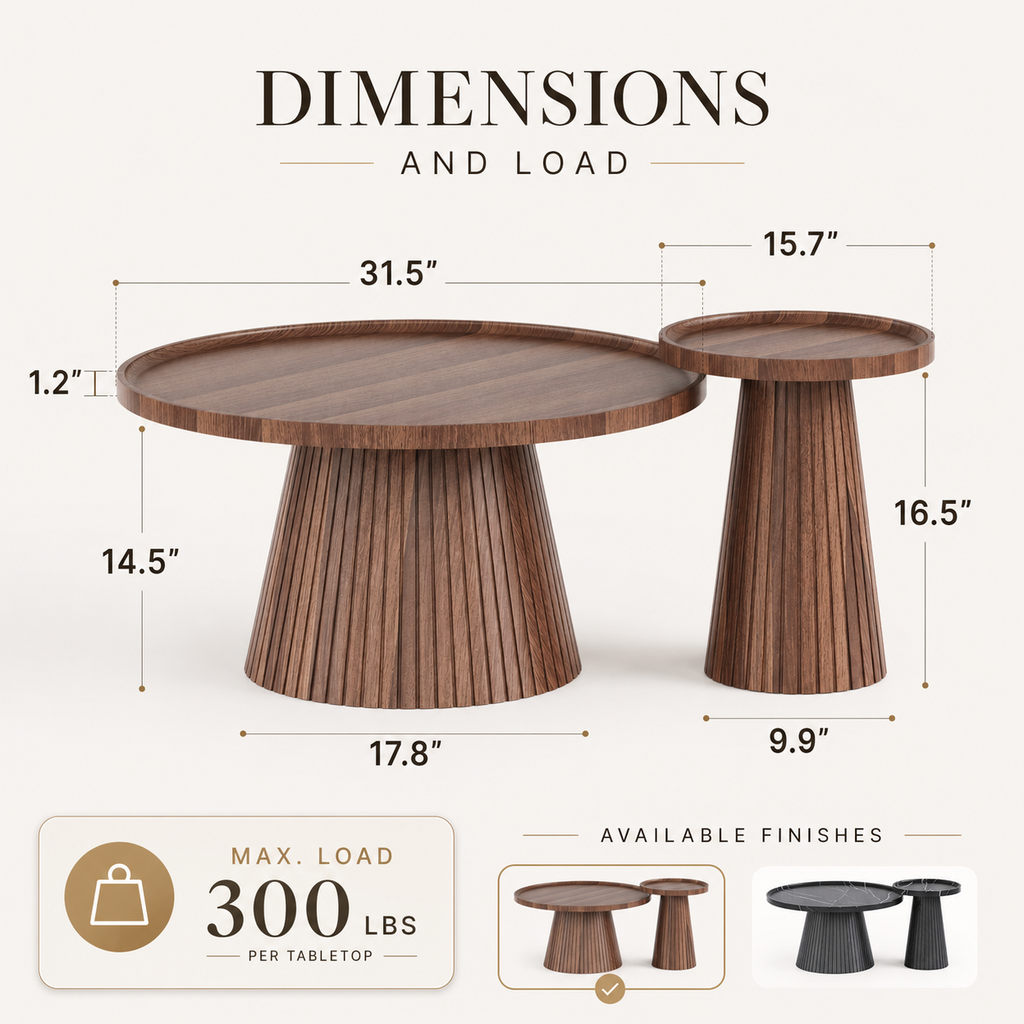 Wetalus Mid Century Modern Nesting and Storage Round Walnut Coffee Table with Set of 2, Walnut
