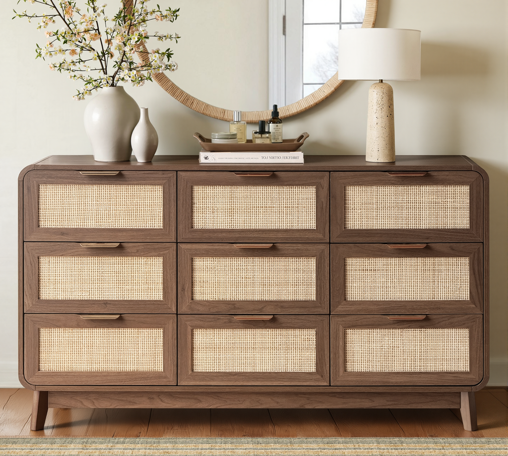 Walnut Rattan 9 Drawer dresser – Boho chic dresser