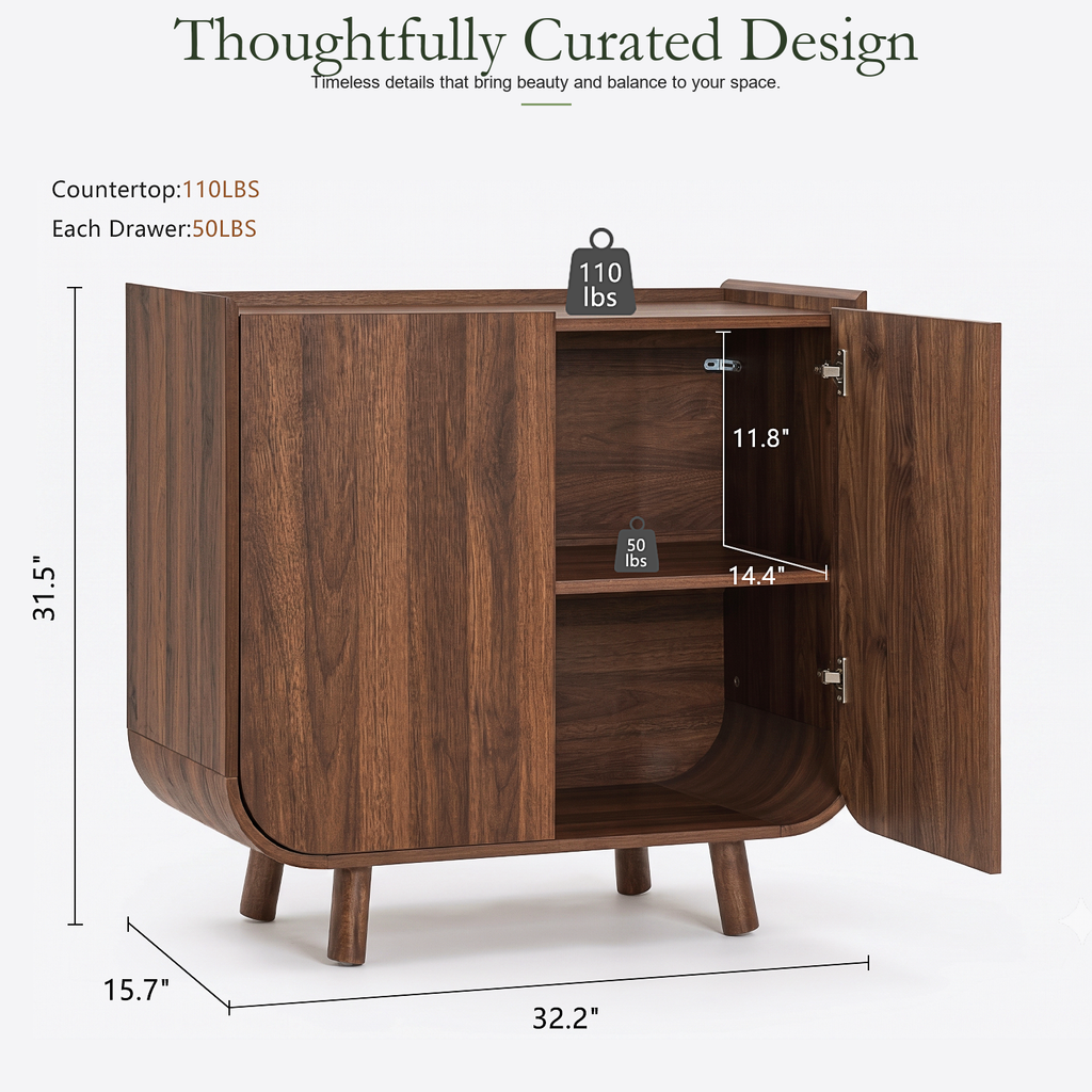 Wetalus Sideboard Buffet Cabinet Mid Century Modern U-Shape Design Adjustable Shelves Wood Grain Finish Walnut 1-Count 32.2 Inch Width