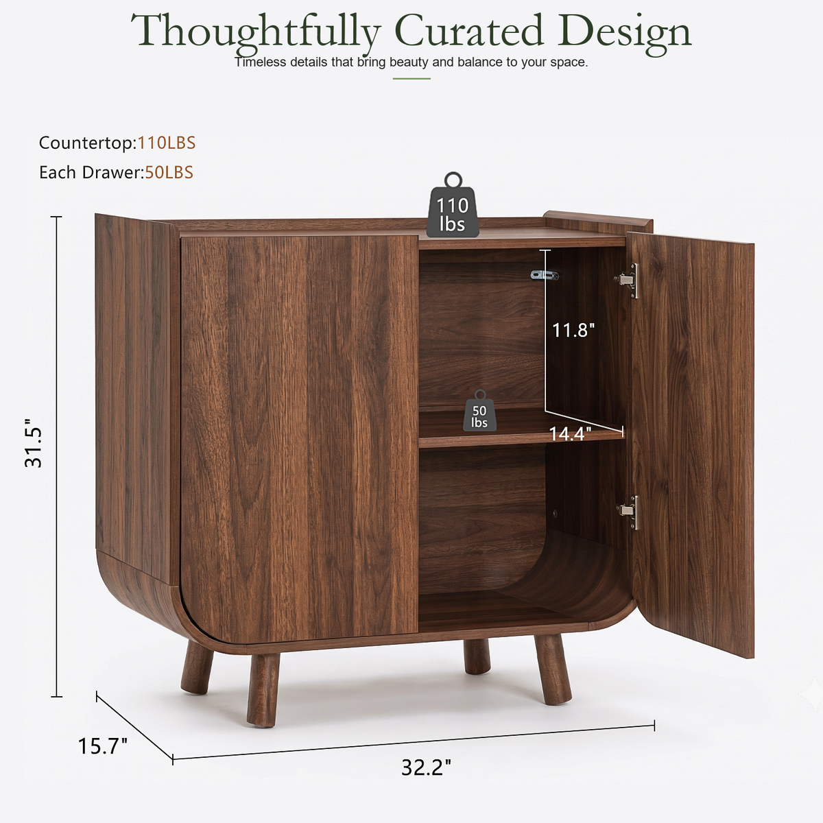 Wetalus Sideboard Buffet Cabinet Mid Century Modern U-Shape Design Adjustable Shelves Wood Grain Finish Walnut 1-Count 32.2 Inch Width