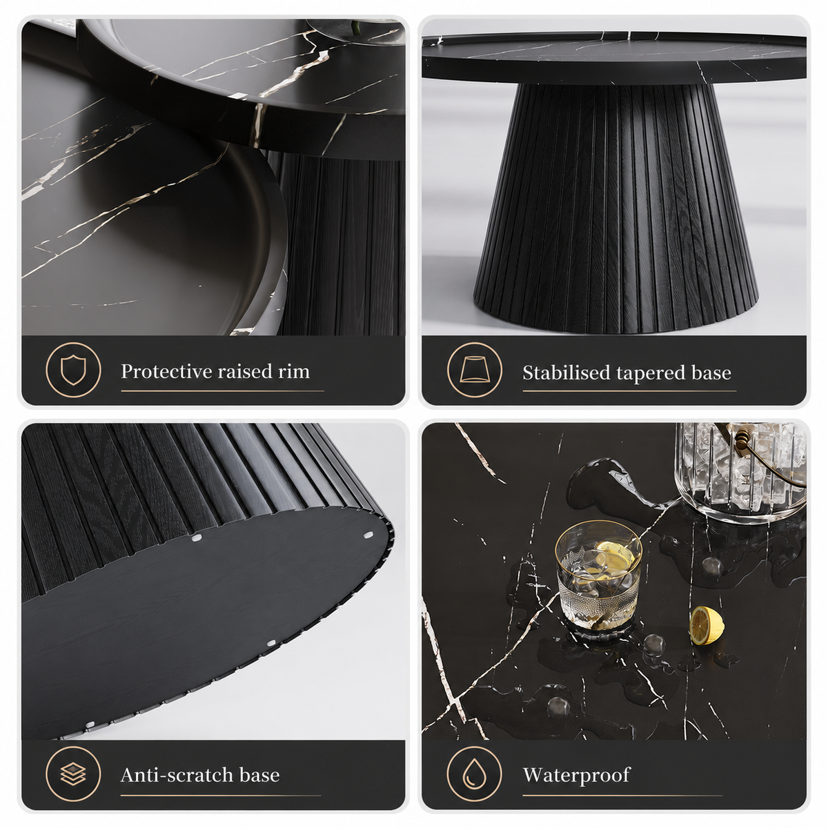 Wetalus Mid Century Modern Nesting Coffee Table Set of 2, Fluted Round,Black