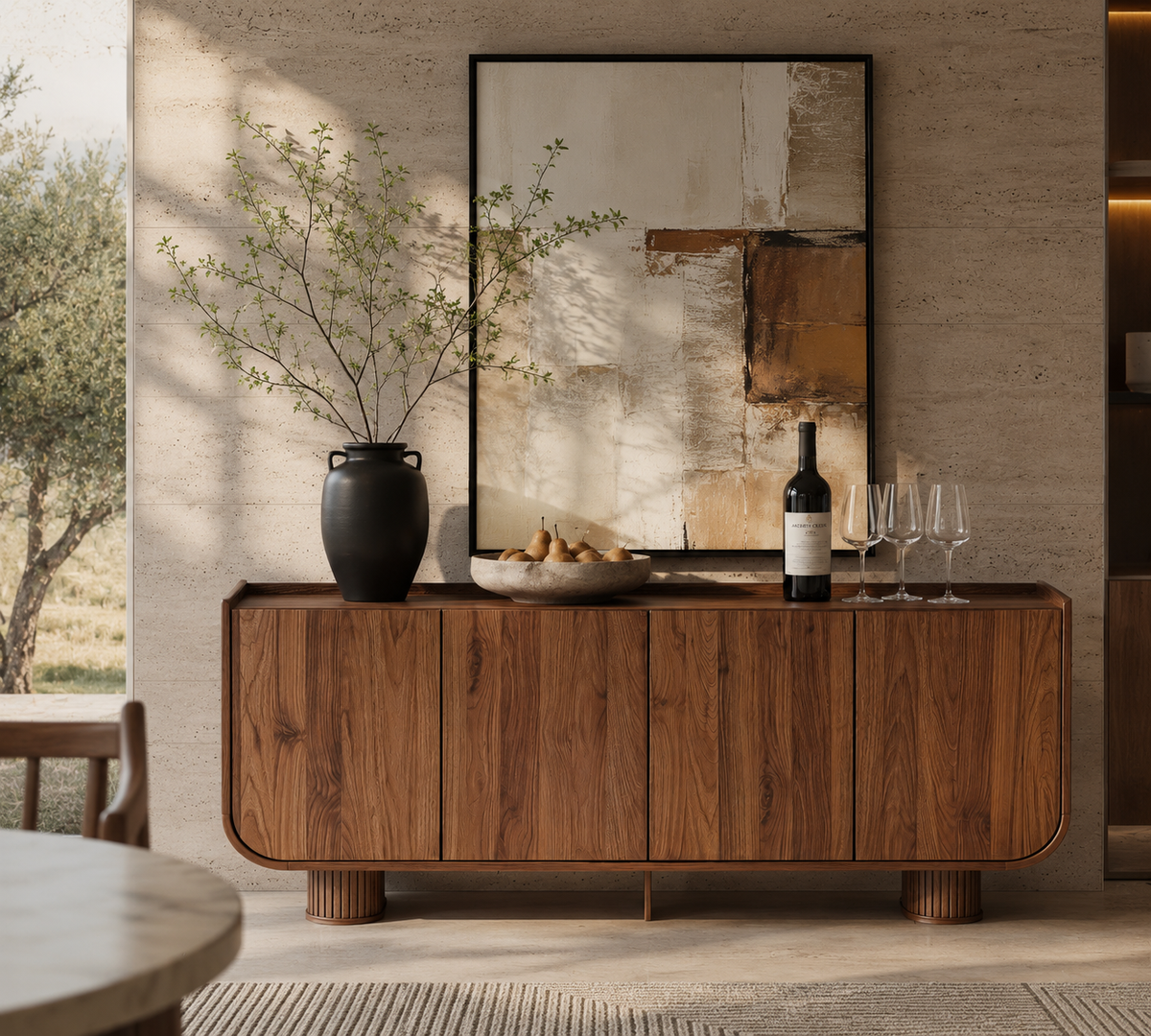 Wetalus 63.1" Mid Century Modern Sideboard Buffet Cabinet with U-Shape Design, Adjustable Shelves, Wood Grain Finish, Walnut