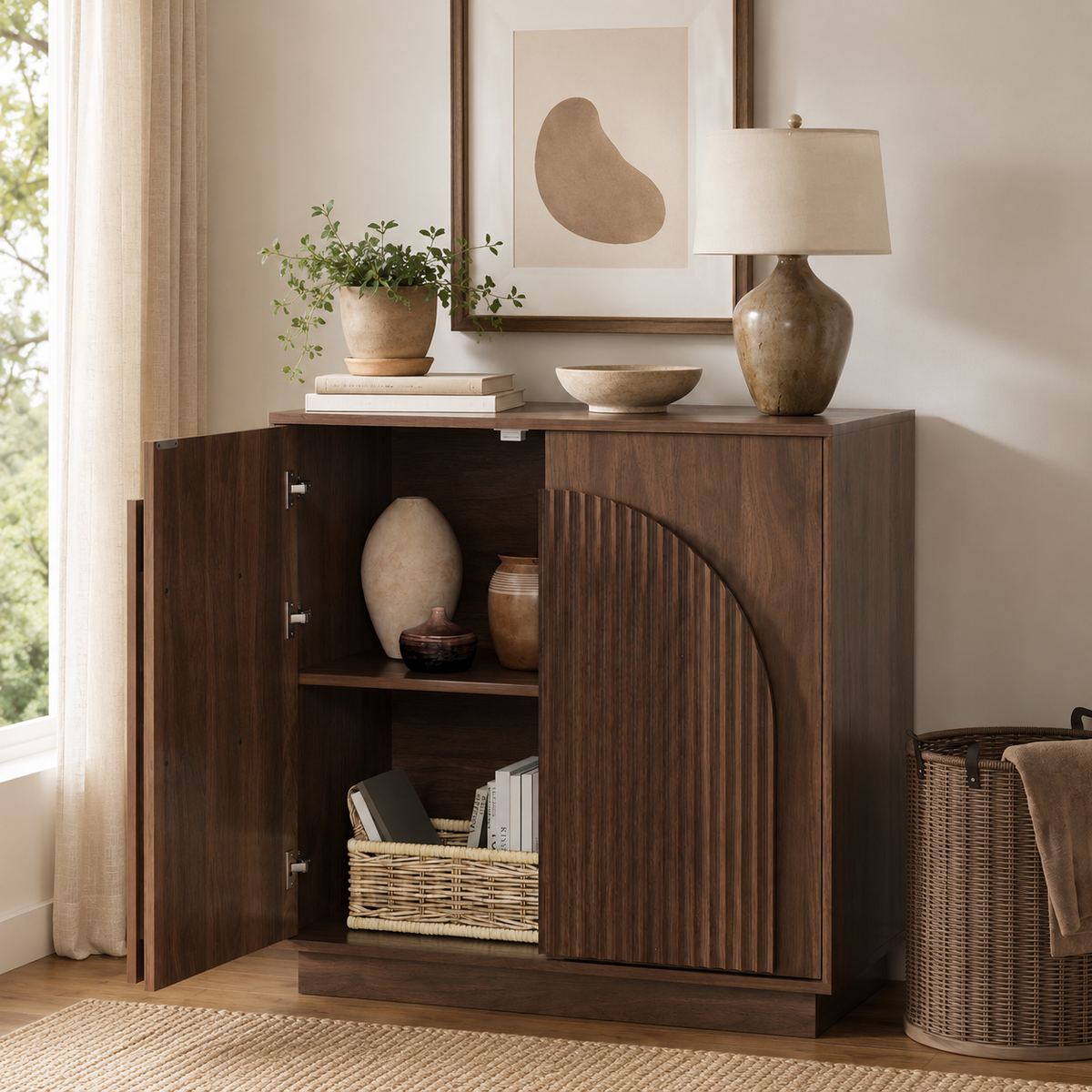 Wetalus Mid-Century Fluted Arched Door Sideboard Cabinet,Walnut