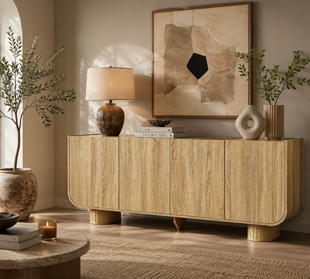 Wetalus Sideboard Buffet Cabinet Mid Century Modern U-Shape Design Adjustable Shelves Wood Grain Finish OAK 4 Doors 63.1 Inch