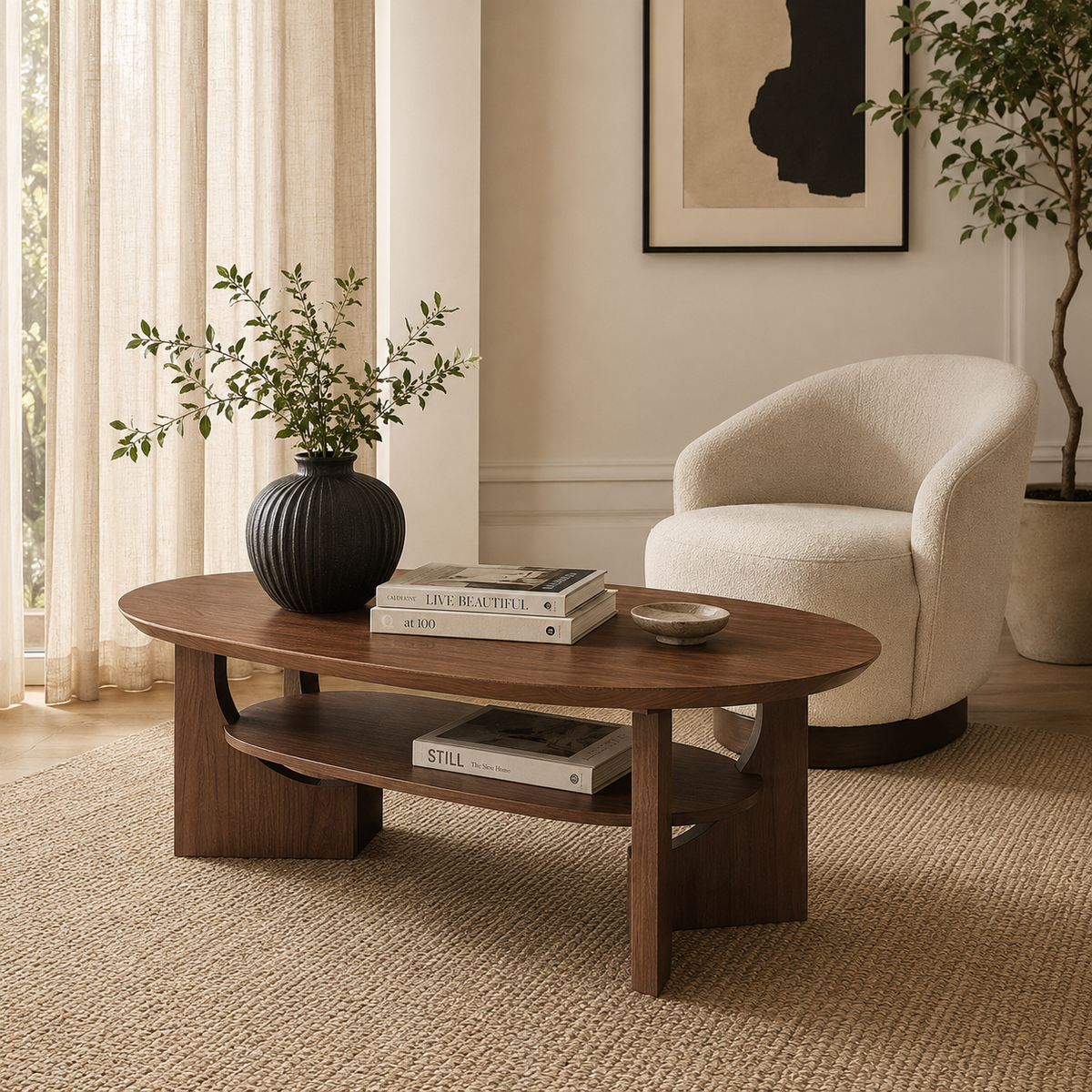 Wetalus 47" Mid Century Coffee Table Oval 2-Tier,Walnut