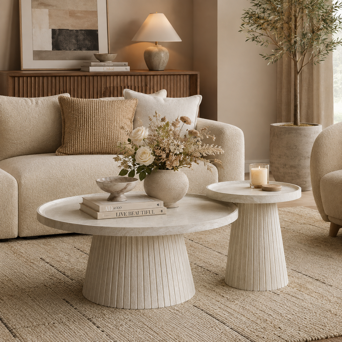 Wetalus Mid Century Modern Nesting Coffee Table Set of 2, Fluted Round,Stone