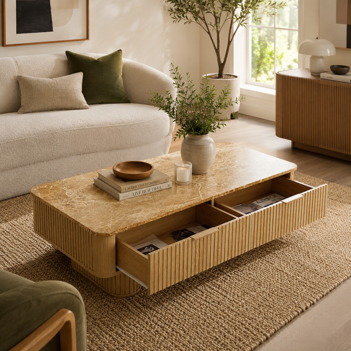 Wetalus Rectangle Coffee Table with Drawers, Faux Marble Top, Fluted Pedestal Base, Storage,Oak