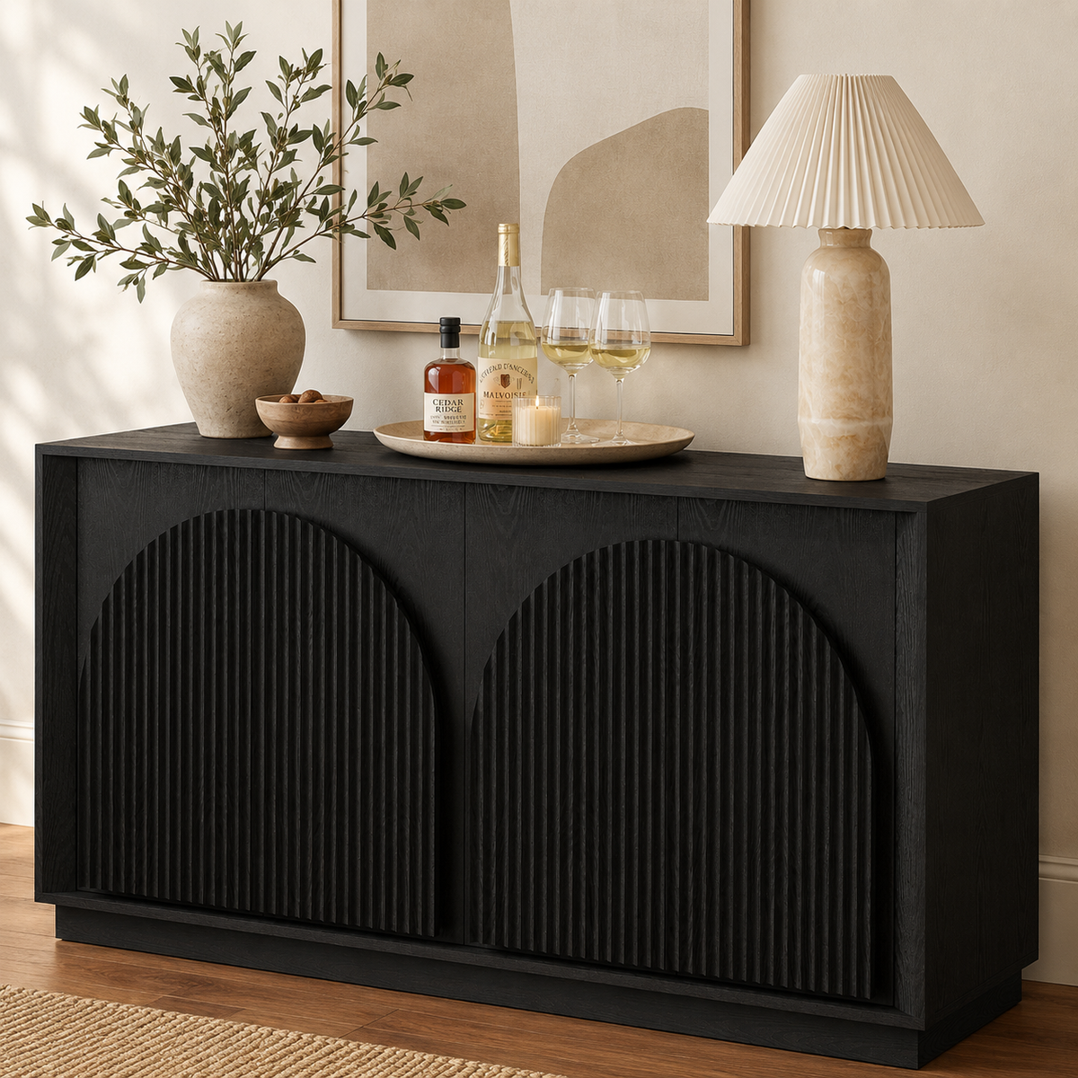 Wetalus 65.3" Mid-Century Modern Fluted Sideboard Buffet Cabinet with Storage,Black