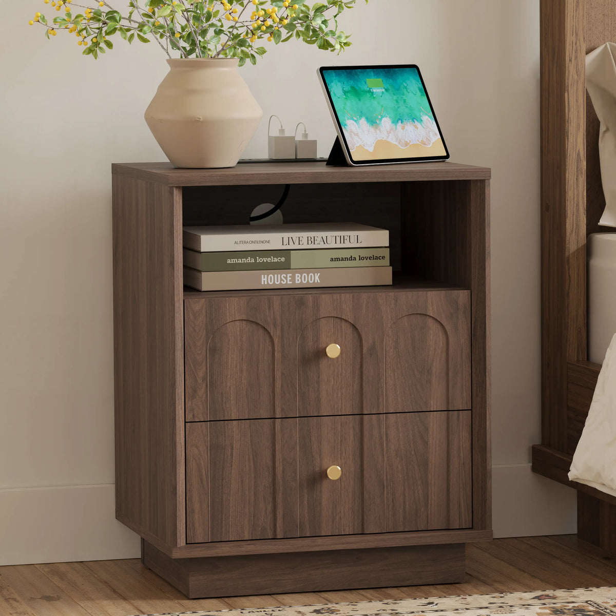 Mid-Century Walnut Nightstand with Arch Design Set 2