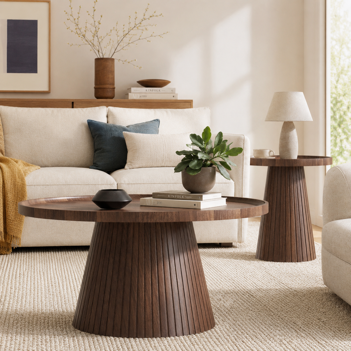 Wetalus Mid Century Modern Nesting and Storage Round Walnut Coffee Table with Set of 2, Walnut