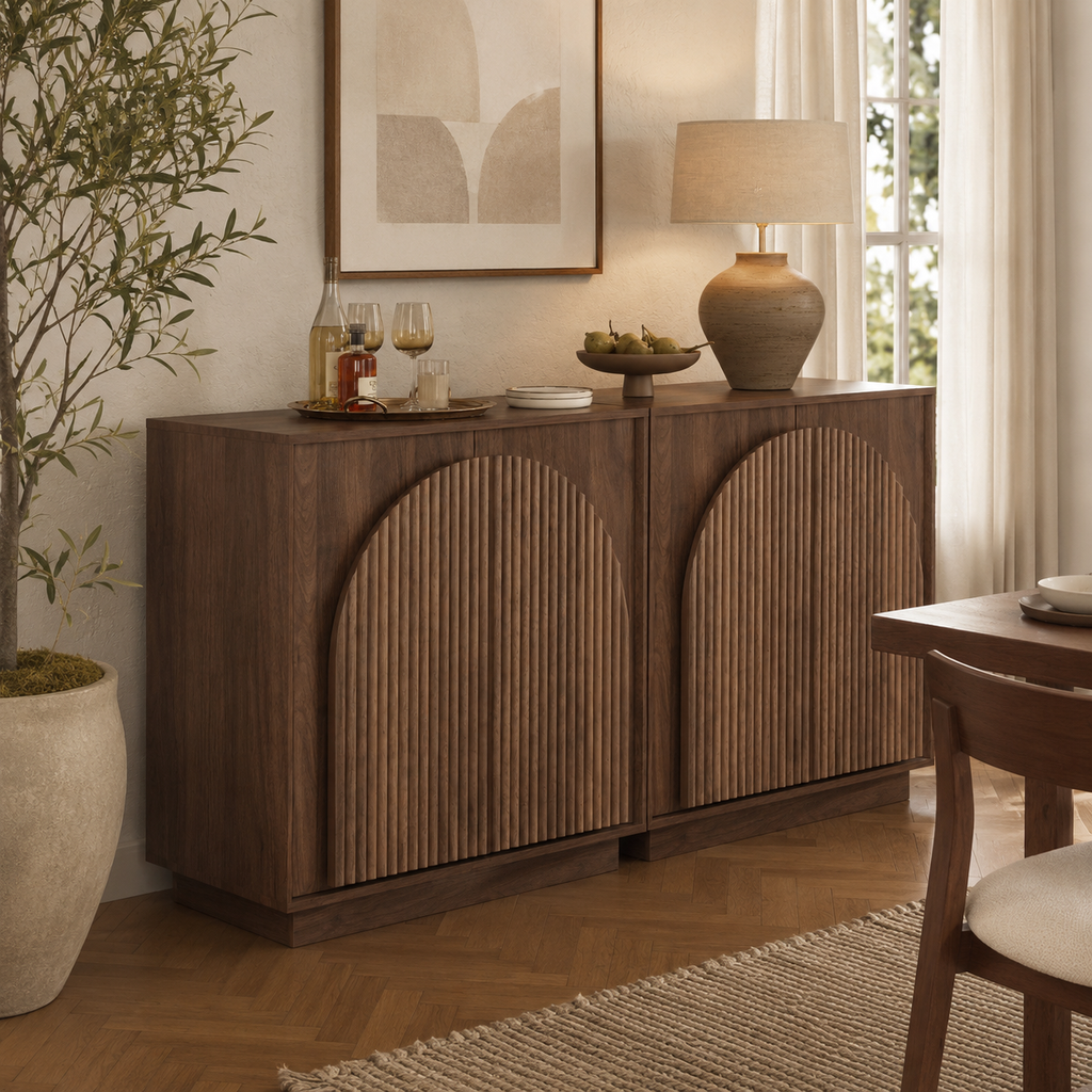 Wetalus Mid-Century Fluted Arched Door Sideboard Cabinet,Walnut