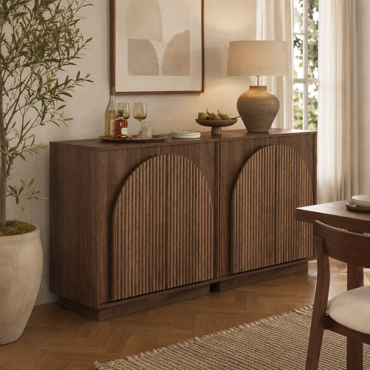 Wetalus Mid-Century Fluted Arched Door Sideboard Cabinet,Walnut