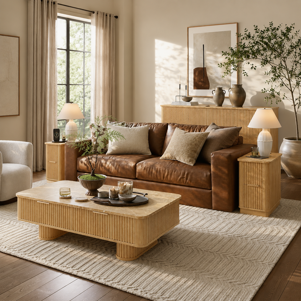Wetalus Rectangle Coffee Table with Drawers, Faux Marble Top, Fluted Pedestal Base, Storage,Oak