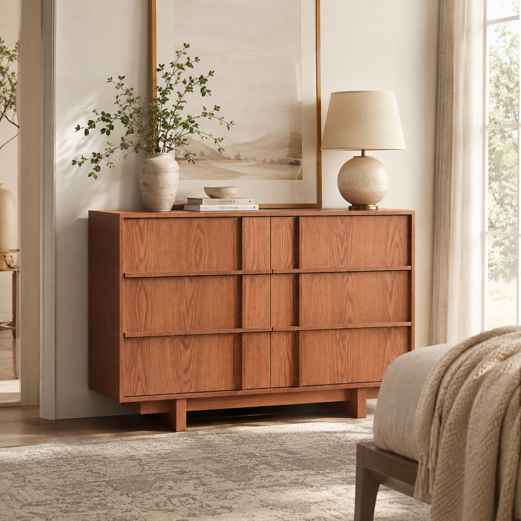 Wetalus 47" Mid Century Modern 6 Drawer Dresser, Skeleton Line,Cherry