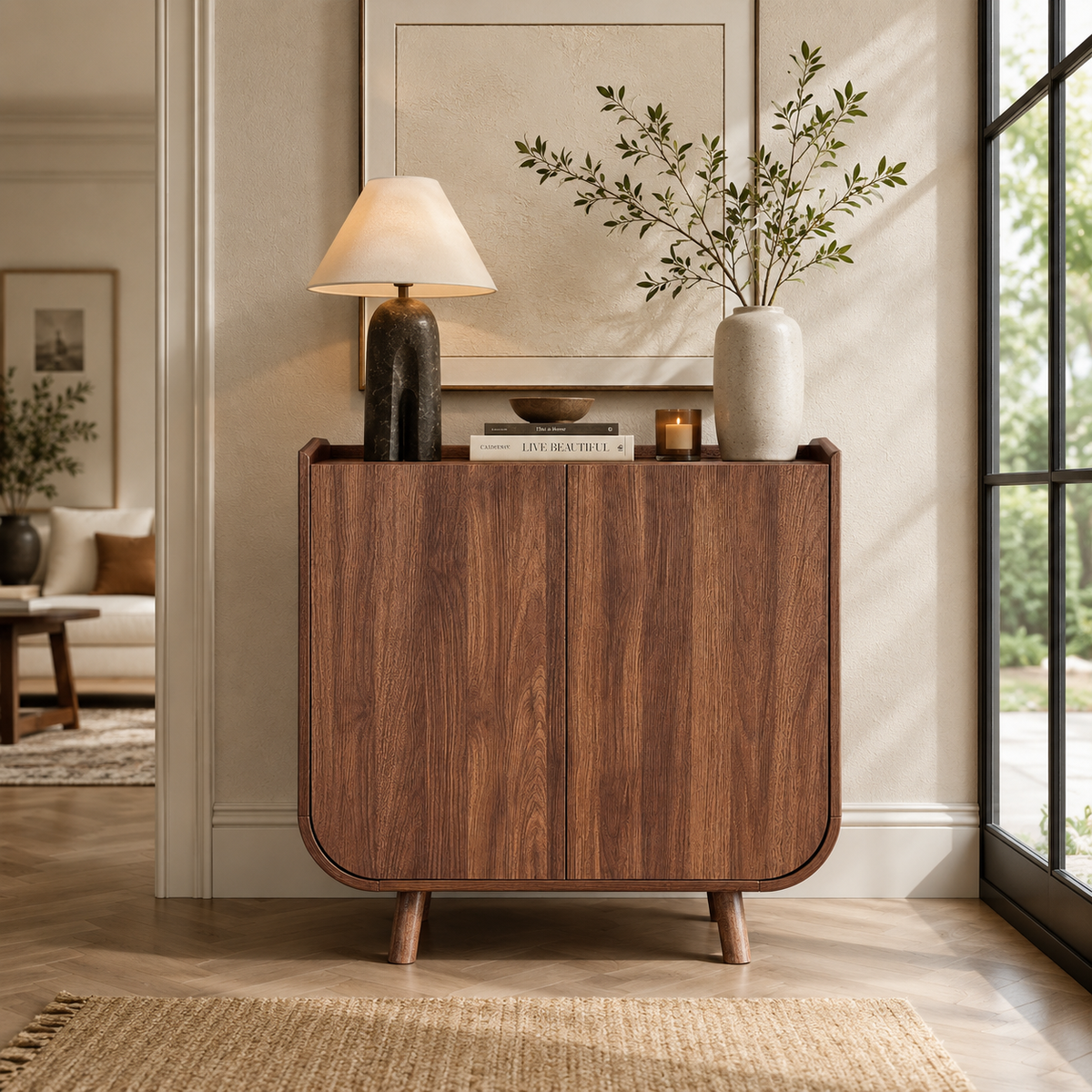 Wetalus Sideboard Buffet Cabinet Mid Century Modern U-Shape Design Adjustable Shelves Wood Grain Finish Walnut 1-Count 32.2 Inch Width