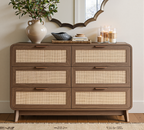 Oak Rattan Bedroom Furniture Set, 3-Piece Boho Set with 6-Drawer Dresser &amp; Nightstands