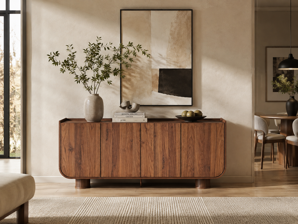 Wetalus 63.1" Mid Century Modern Sideboard Buffet Cabinet with U-Shape Design, Adjustable Shelves, Wood Grain Finish, Walnut