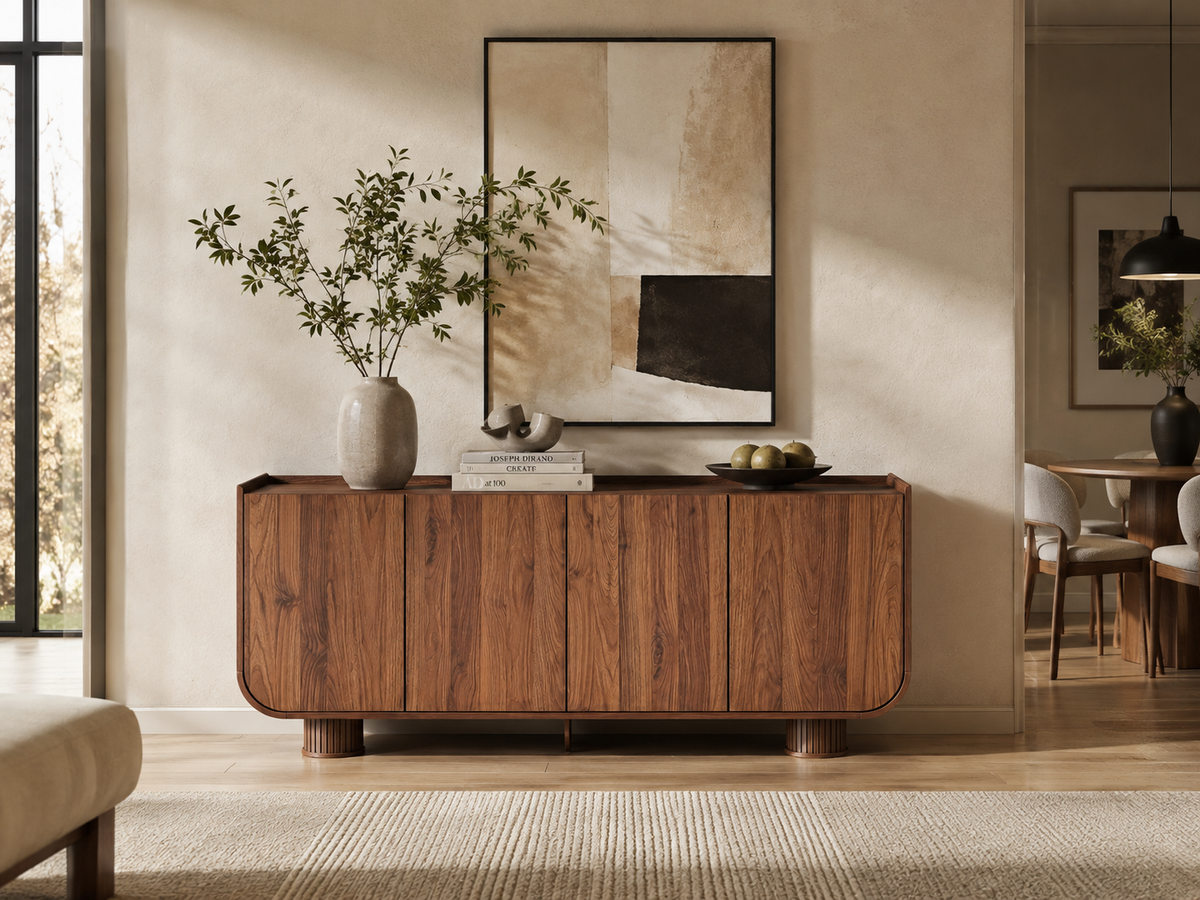 Wetalus 63.1" Mid Century Modern Sideboard Buffet Cabinet with U-Shape Design, Adjustable Shelves, Wood Grain Finish, Walnut