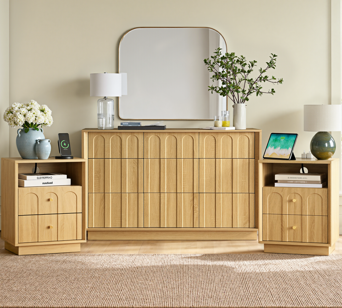 Wetalus 9 Drawer Mid-Century Dresser Nightstand set, 55" Wood Chest of Drawers, Storage Organizer for Bedroom, Oak