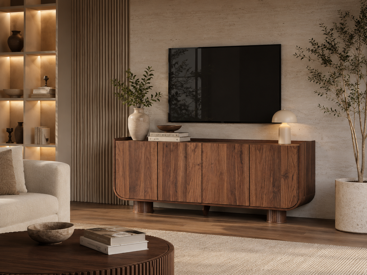 Wetalus 63.1" Mid Century Modern Sideboard Buffet Cabinet with U-Shape Design, Adjustable Shelves, Wood Grain Finish, Walnut