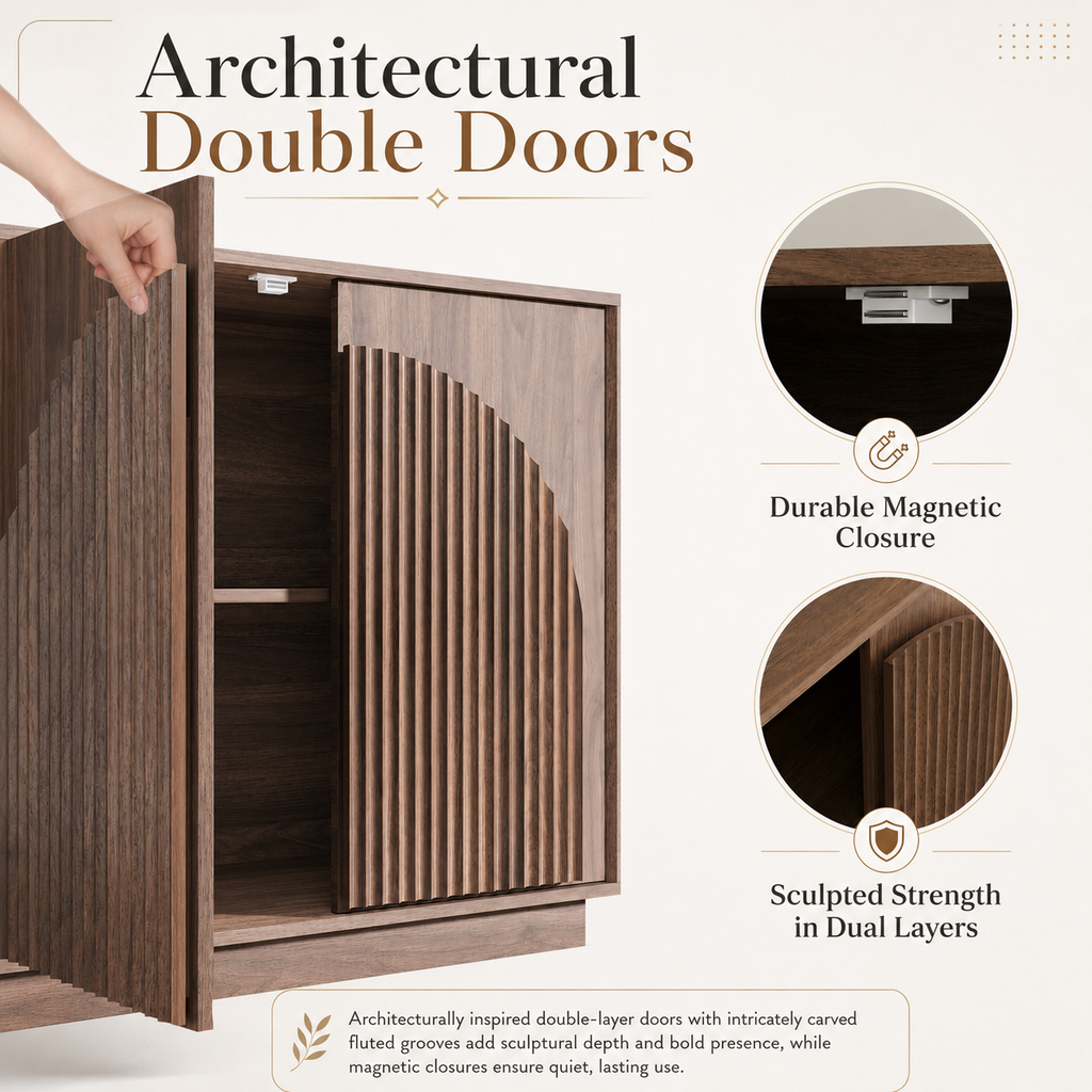 Wetalus Mid-Century Fluted Arched Door Sideboard Cabinet,Walnut