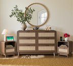 Oak Rattan Bedroom Furniture Set, 3-Piece Boho Set with 6-Drawer Dresser &amp; Nightstands