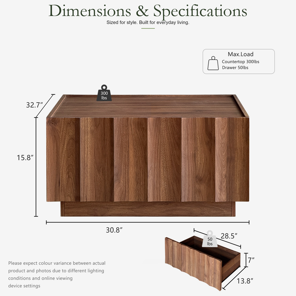 Wetalus Mid Century Modern Square Coffee Table with Storage, Wave Design,Walnut