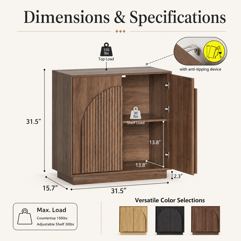 Wetalus Mid-Century Fluted Arched Door Sideboard Cabinet,Walnut