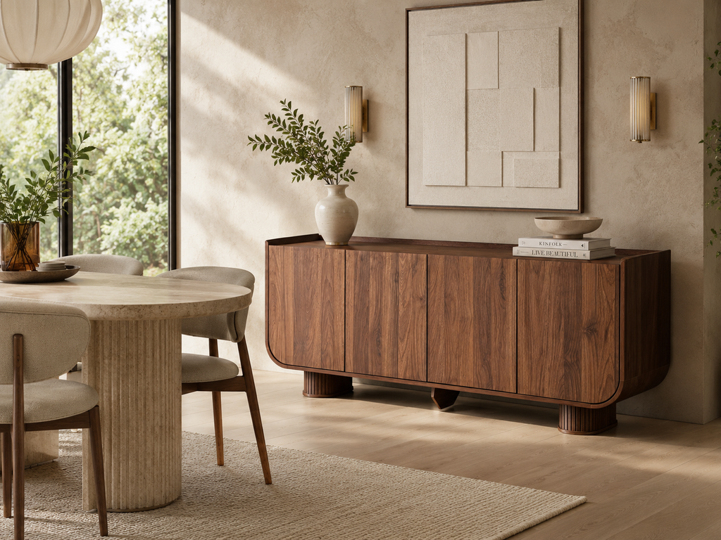 Wetalus 63.1" Mid Century Modern Sideboard Buffet Cabinet with U-Shape Design, Adjustable Shelves, Wood Grain Finish, Walnut