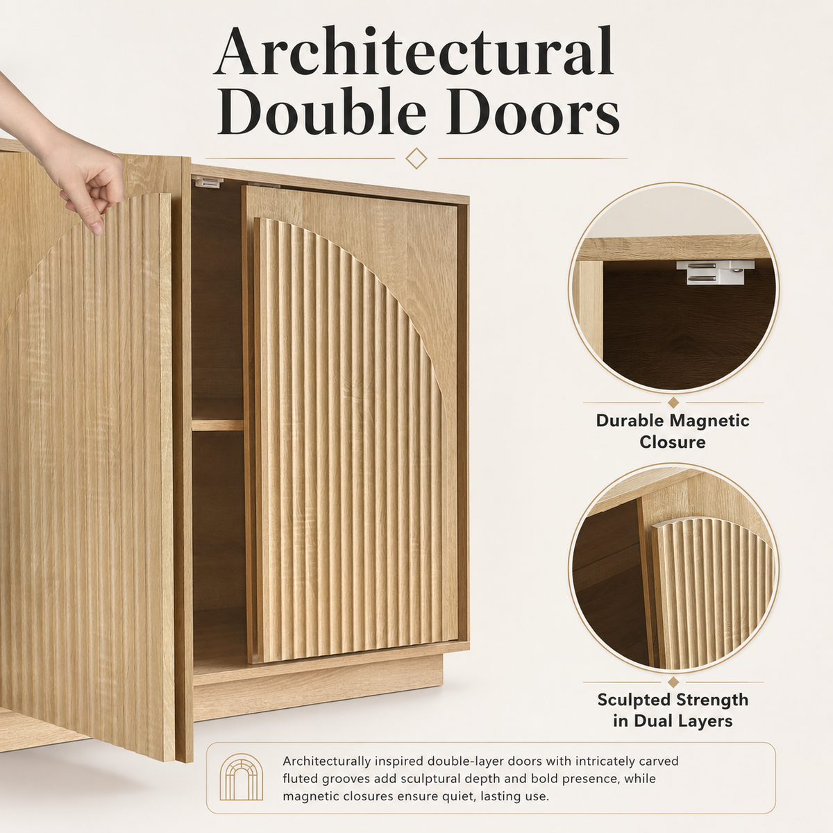 Wetalus Mid-Century Fluted Arched Door Sideboard Cabinet,Oak