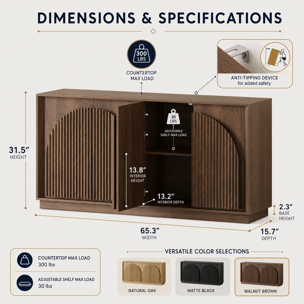 Wetalus 65.3" Mid-Century Modern Fluted Sideboard Buffet Cabinet with Storage,Walnut
