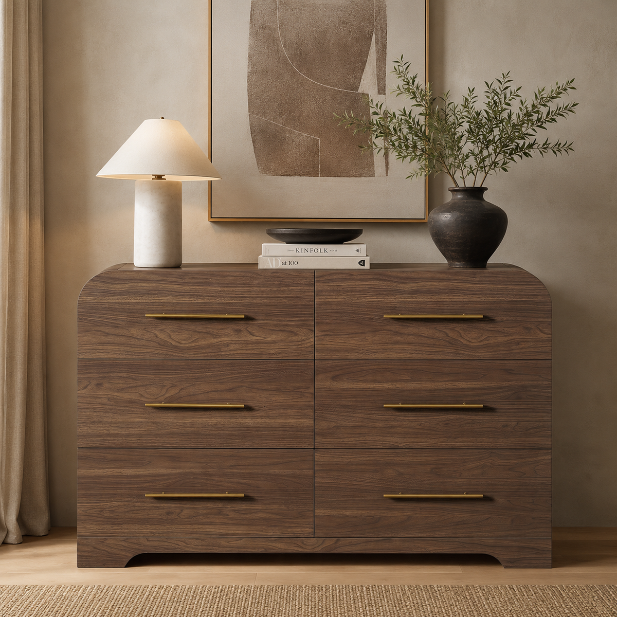 Wetalus 47.2" Mid Century Modern 6 Drawer Dresser, Curved side,Walnut