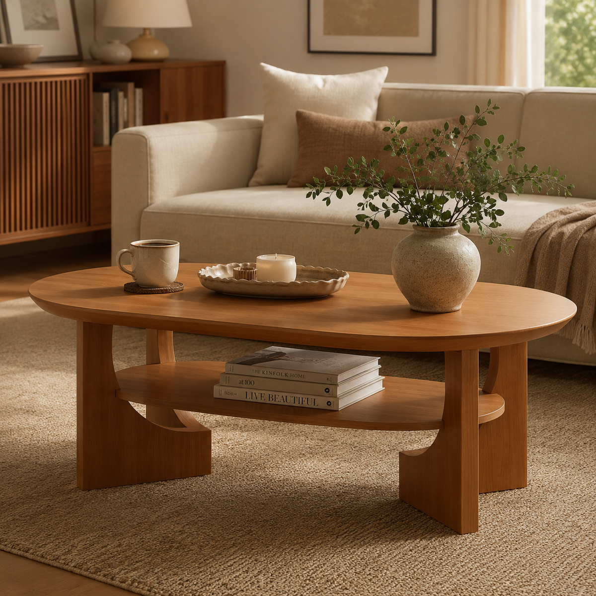 Wetalus 47" Mid Century Coffee Table Oval 2-Tier,Cherry