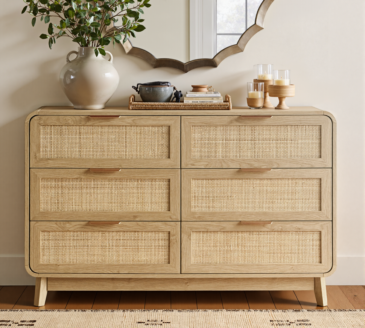 Oak Rattan 6 Drawer dresser –Boho chic dresser