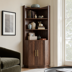 Wetalus 71" Corner Cabinet with Storage, Mid Century Modern, Arched Doors, Walnut