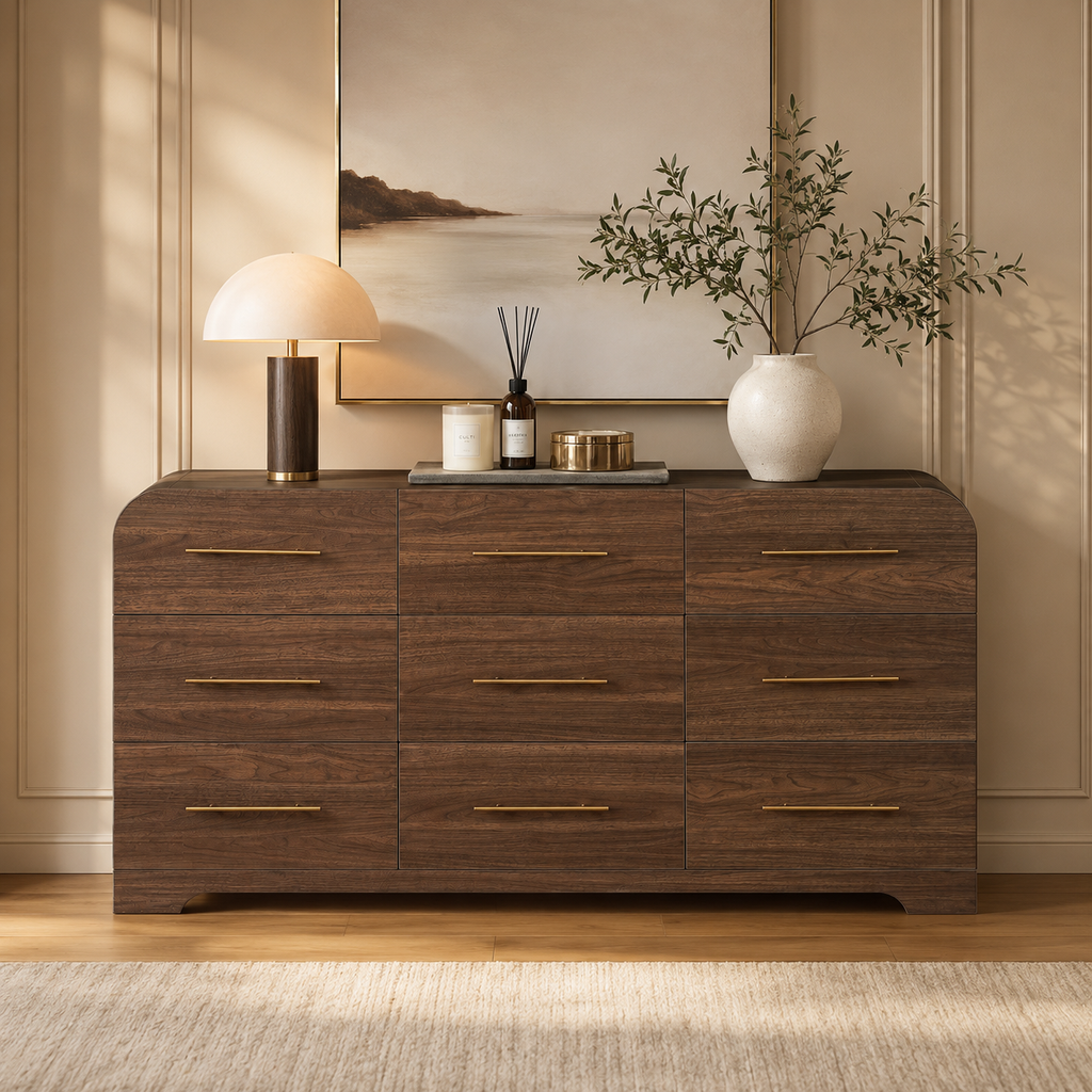 Wetalus 63" Mid Century Modern 9 Drawer Dresser, Curved side,Walnut