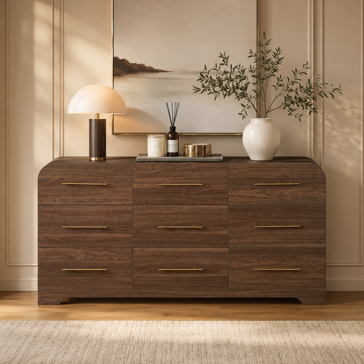 Wetalus 63" Mid Century Modern 9 Drawer Dresser, Curved side,Walnut