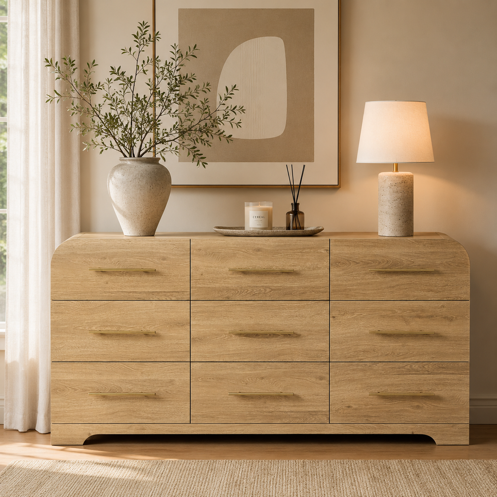 Wetalus 63" Mid Century Modern 9 Drawer Dresser, Curved side,Oak