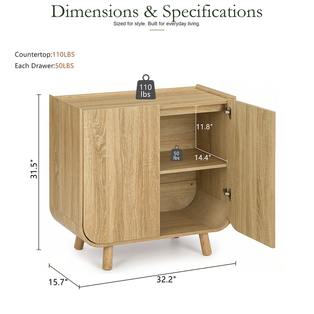 Wetalus 33.2" Mid Century Modern Sideboard Buffet Cabinet with U-Shape Design, OAK