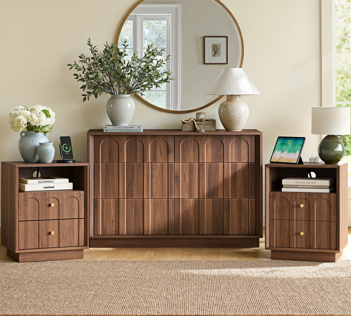 Mid Century Modern Dresser, 6 Drawer Dresser with Storage, 47" Wide Chest of Drawers with Wood Grain Texture, Drawers Organizer for Bedroom, Living Room, Hallway, Walnut