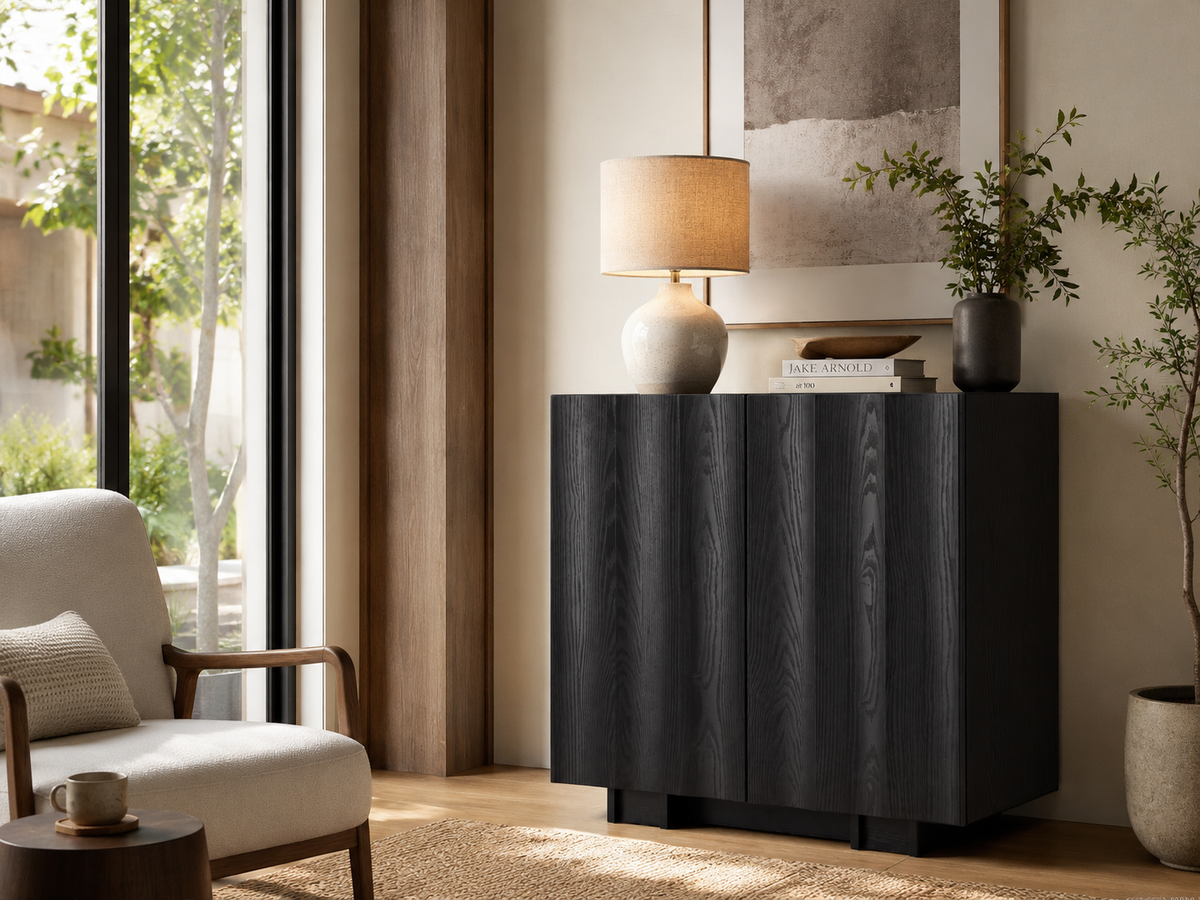Wetalus 30.8"Mid Century Modern Sideboard Buffet Cabinet with Wave Design, Adjustable Shelves, Wood Grain Finish, Black