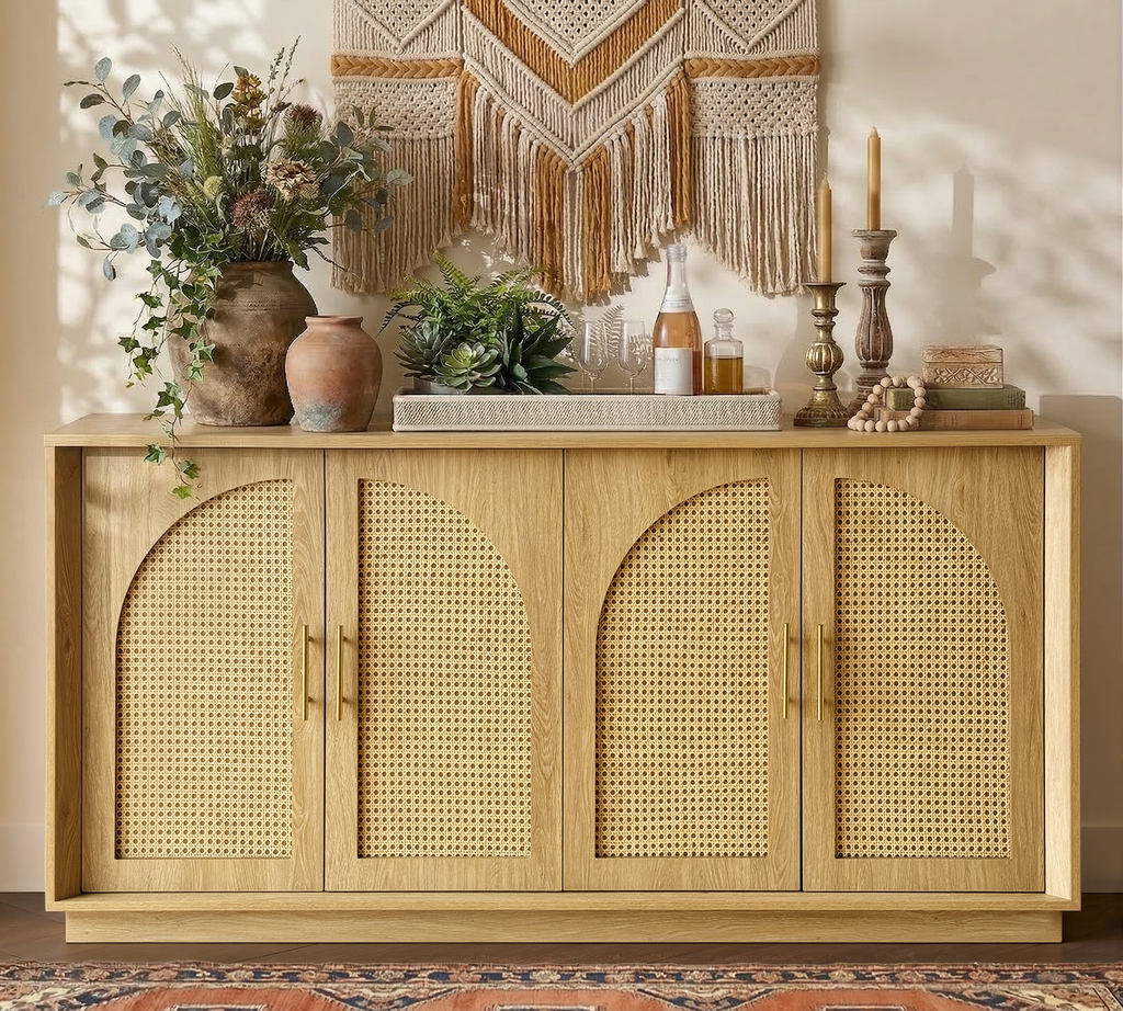 63" 4 Rattan Sideboard - Oak Natural for Dining Room & Living Room